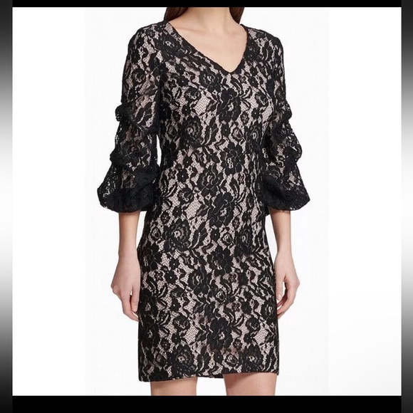 NWT DKNY Lace Ruched 3/4 Sleeve Cocktail Dress Black 4 - Picture 7 of 8